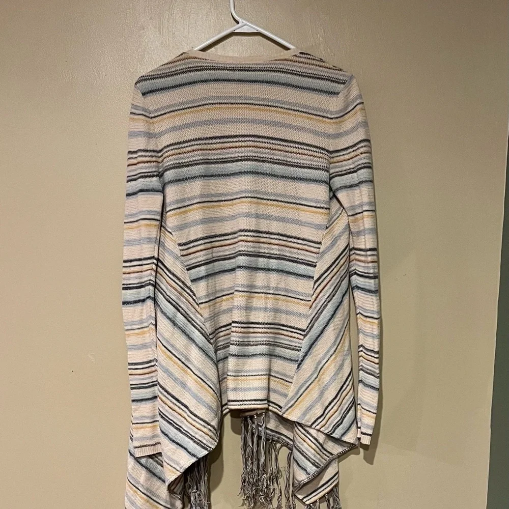 Lucky Brand Sweater Women M Beige Open Cardigan Fringe Southwestern Boho Knit